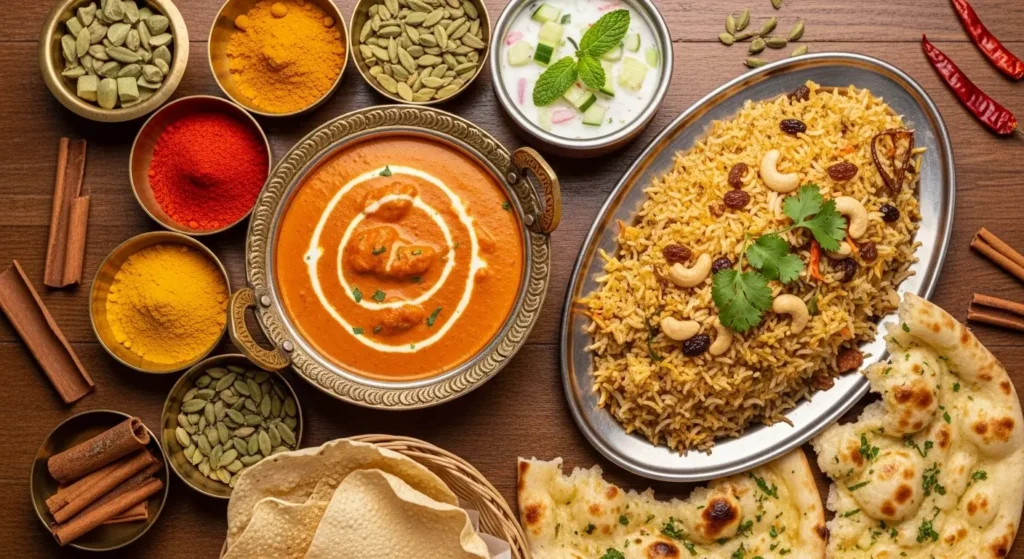 A vibrant spread of traditional Indian dishes including Rogan Josh, Biryani, and Chana Masala on a wooden table