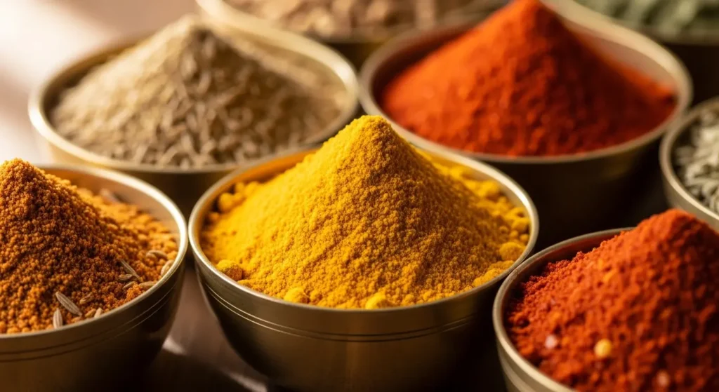 Close up of essential Indian ground spices like bright yellow turmeric, cumin, and red chili powder in small brass bowls