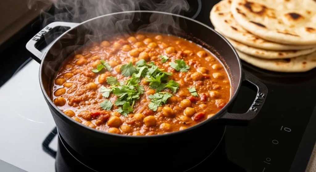 A bubbling pot of homemade Chana Masala being cooked on a stovetop with fresh cilantro on top