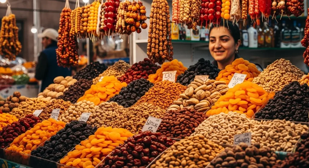 EXPLORE - Planning an Armenia Vacation? Your Complete Beginner's Guide for 7 days ๐บ๏ธโ๏ธ Colorful dried fruits and traditional sweet sujukh at the GUM Market in Yerevan, Armenia
