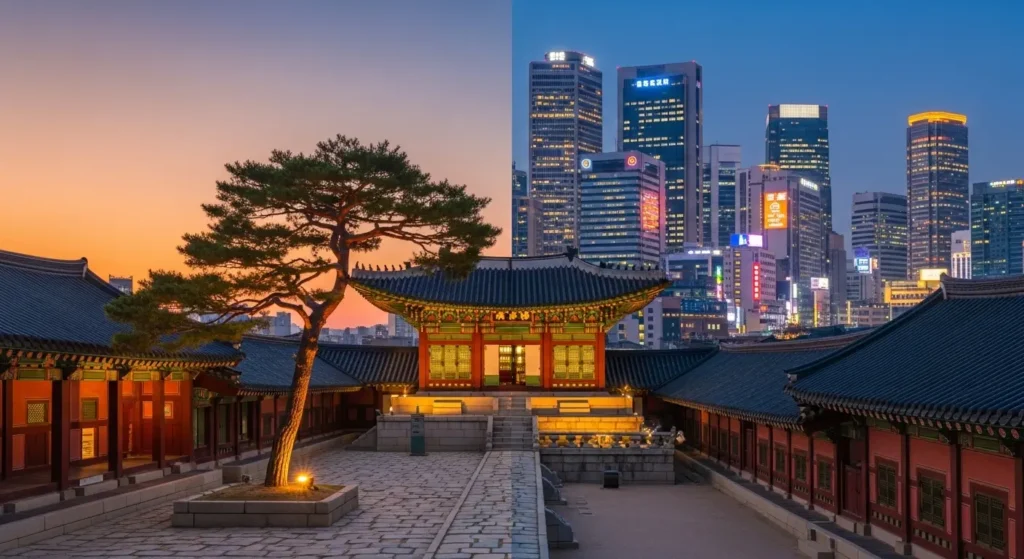 EXPLORE - Your First South Korea Vacation| A Beginner's Guide to Seoul, Food & Culture ๐ฐ๐ทโจ Ancient traditional Korean palace courtyard contrasting with modern neon skyscrapers in Seoul South Korea during twilight