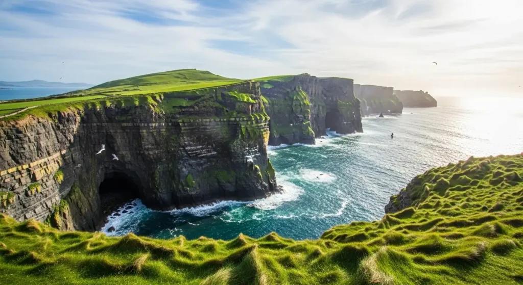 Dramatic emerald green sea cliffs on the Dingle Peninsula during an Ireland summer vacation