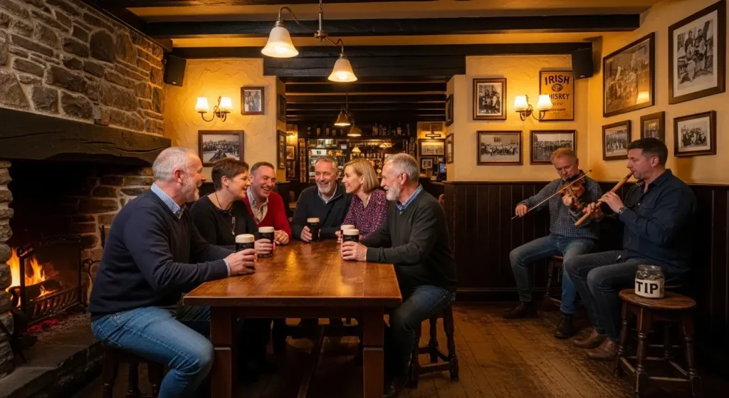 Traditional Irish pub with live trad music session and locals enjoying pints of stout