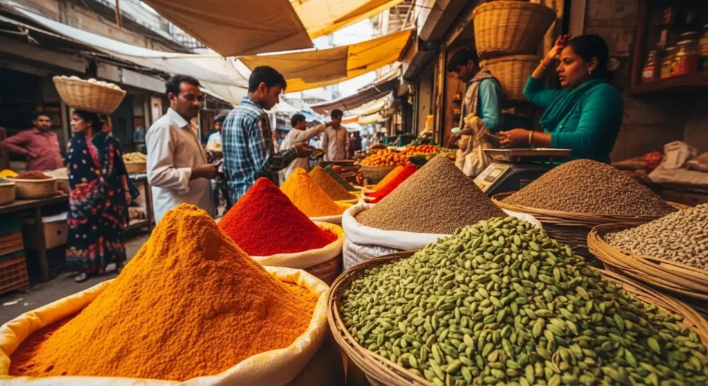 Colorful mounds of spices in a bustling local Indian market to explore on an India vacation