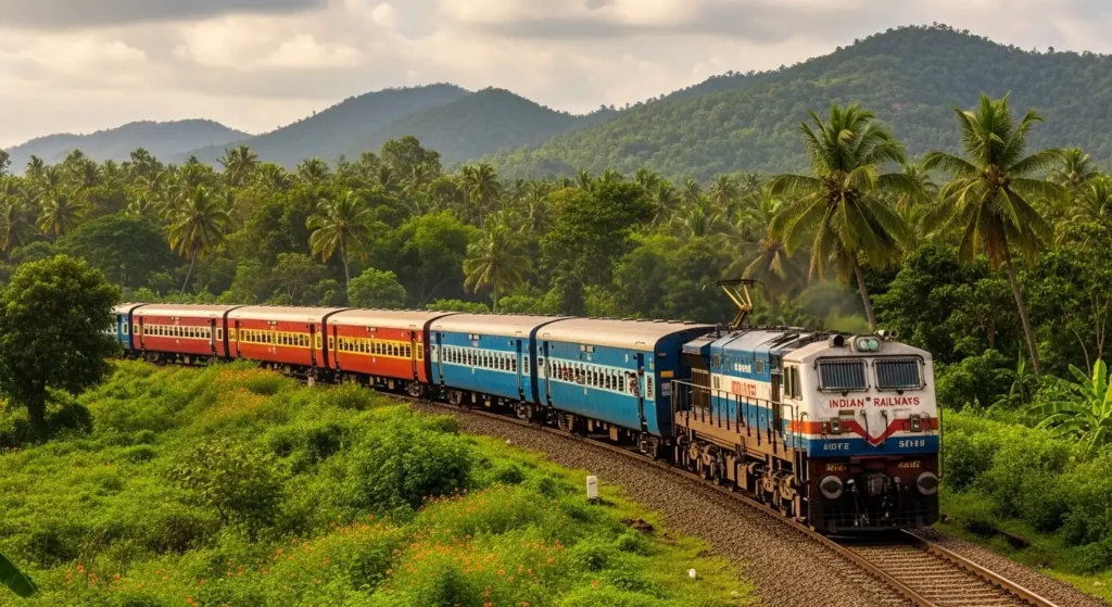 Classic Indian train journey traveling through scenic green landscapes during a summer India vacation