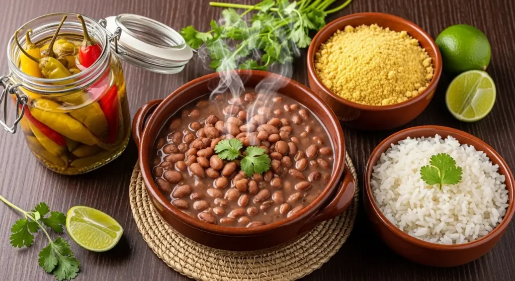 Traditional Brazilian daily meal featuring rice, carioca beans, golden farofa, and homemade pimenta hot sauce