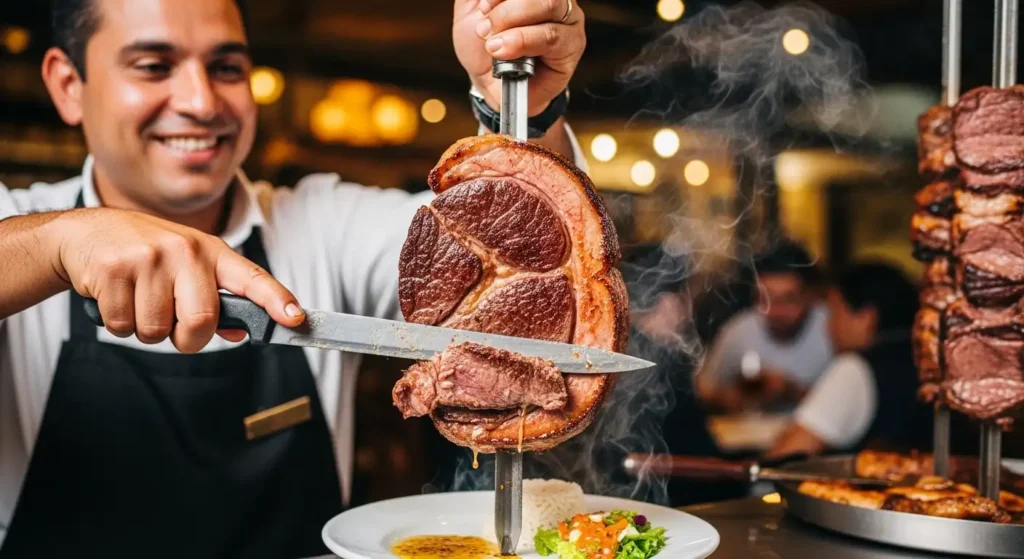 Waiter carving sizzling picanha beef from a skewer at an authentic Brazilian churrascaria steakhouse