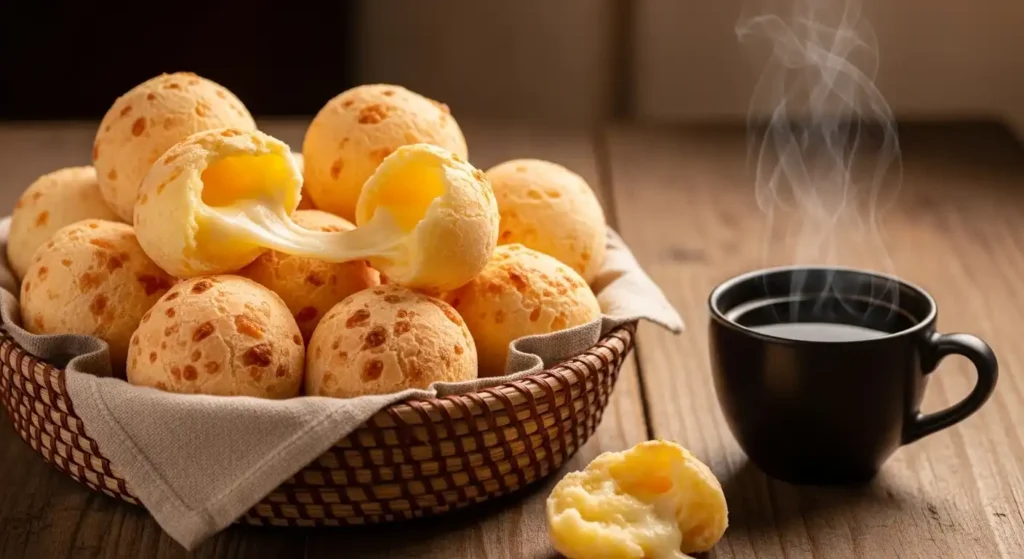 Freshly baked gluten-free Brazilian pão de queijo cheese bread puffs served with strong cafezinho coffee
