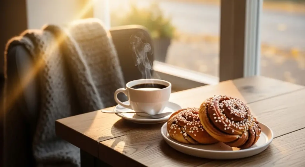 Authentic Swedish Fika experience featuring a warm cup of coffee and fresh Kanelbullar cinnamon buns with pearl sugar
