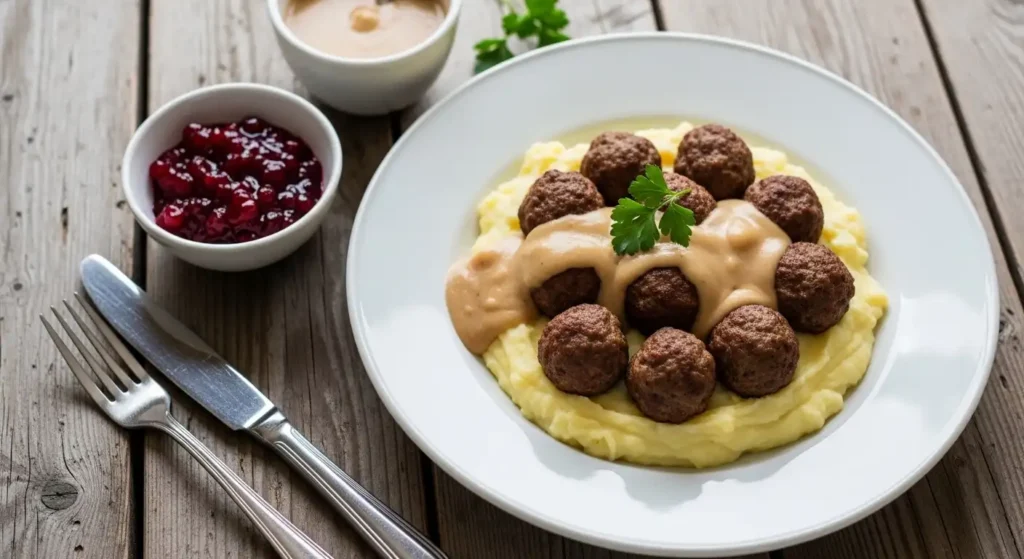 Traditional Swedish meatballs Köttbullar served with creamy gravy, mashed potatoes, and lingonberry jam on a rustic table