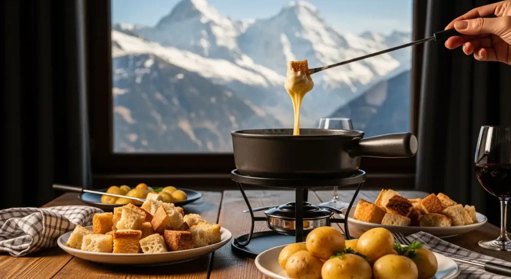 EXPLORE - Love Swiss Food? Discover the Hearty Dishes You’re Missing 🧀🇨🇭 Traditional Swiss cheese fondue served with bread and potatoes in a cozy alpine chalet