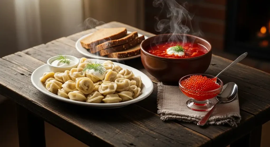 Traditional Russian food spread featuring hot borscht, pelmeni, and red caviar on a wooden table