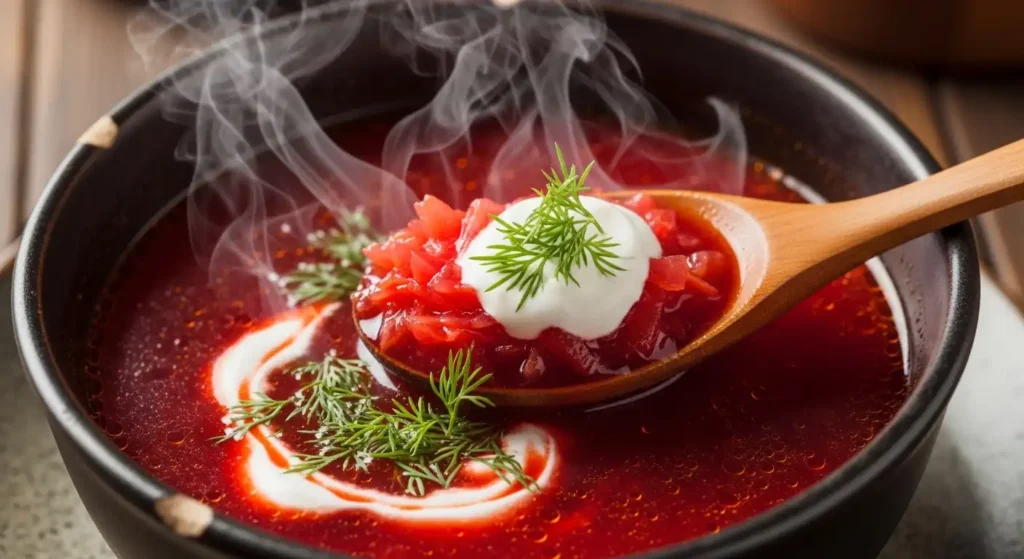 Close-up of traditional Russian red beet borscht soup topped with sour cream and fresh dill