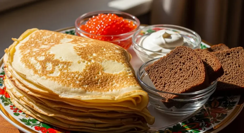 Stack of Russian blini pancakes served with red caviar and sour cream next to rye bread