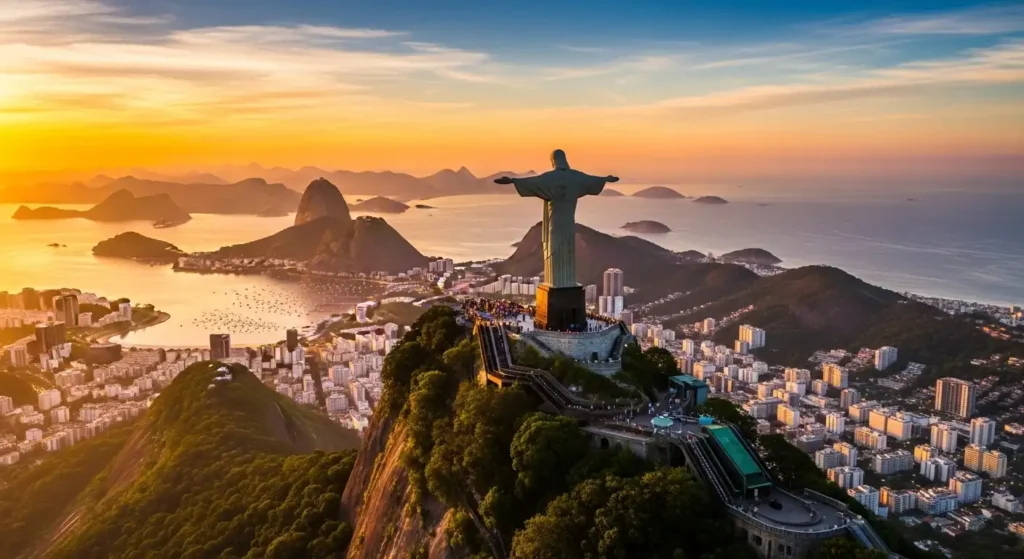 Christ the Redeemer statue overlooking Rio de Janeiro at sunset during a Brazil vacation