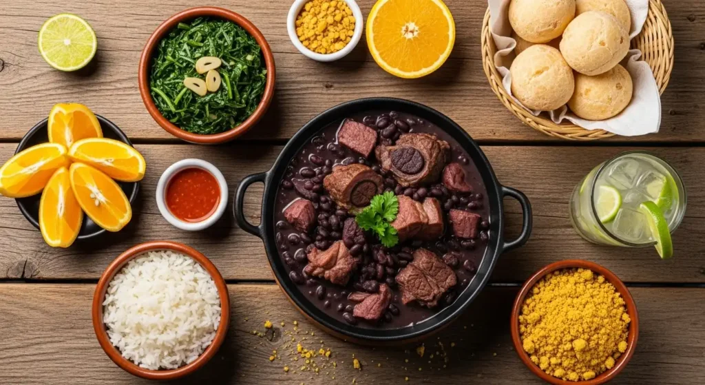 Traditional Brazilian Feijoada dish served with rice, farofa, and orange slices for a culinary travel guide