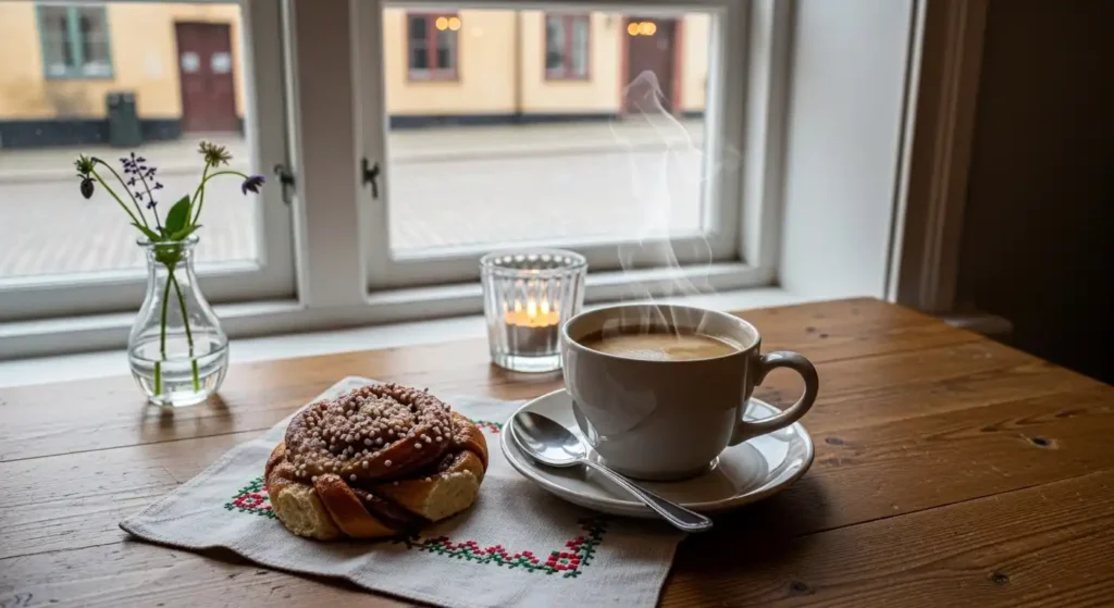 Traditional Swedish fika with coffee and a cinnamon bun in Stockholm during a Sweden vacation