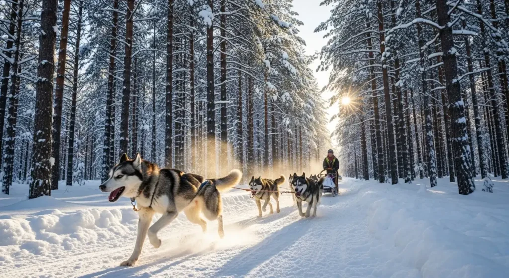  Husky dog sledding through a snowy forest in Lapland during a winter Sweden vacation