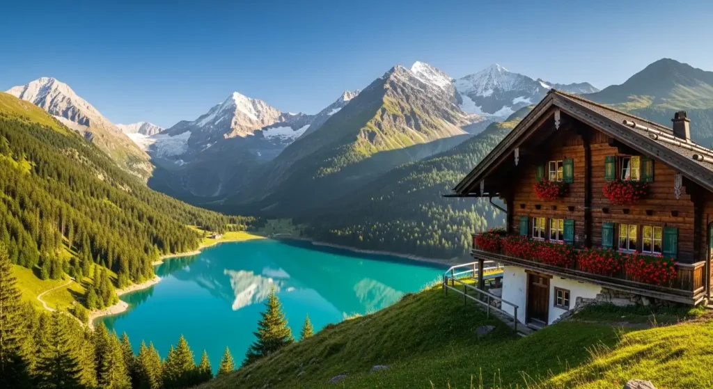 Traditional wooden chalet above a bright turquoise lake in the Swiss Alps during summer