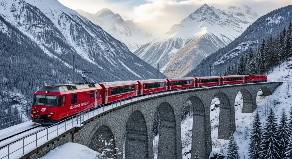 The famous red Swiss train crossing a dramatic stone viaduct in the snowy Alps
