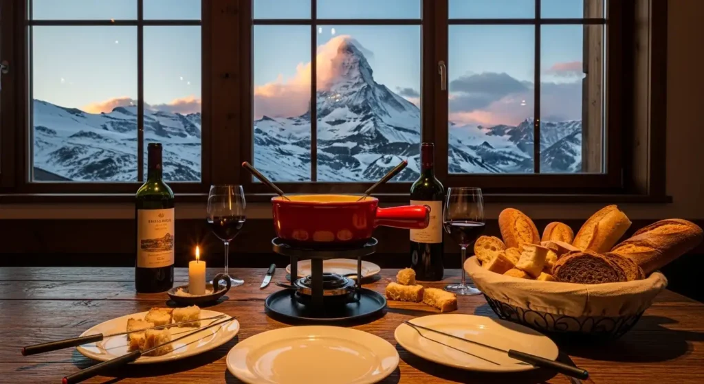 Traditional Swiss cheese fondue meal with a stunning view of the Matterhorn