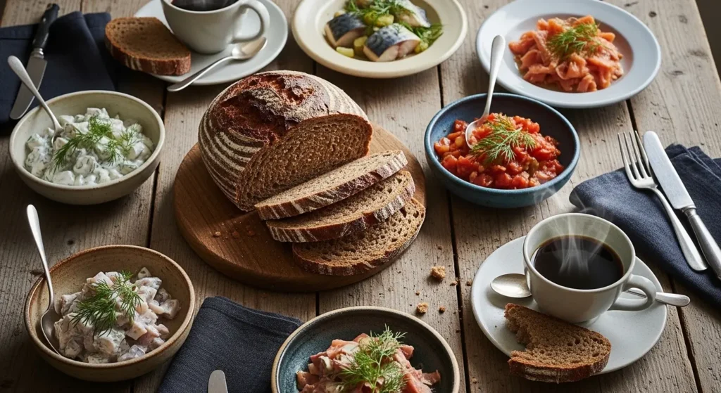 Traditional Danish food table setting with rye bread and coffee