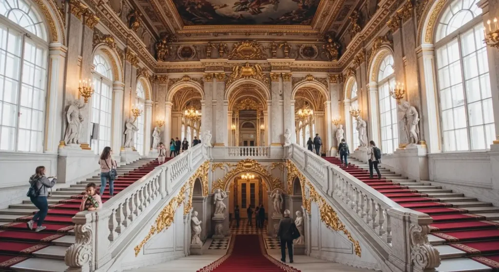 The opulent Jordan Staircase inside the State Hermitage Museum in St. Petersburg Russia