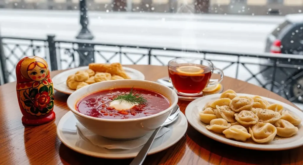 Traditional Russian food like borscht and pelmeni served at a cafe in St. Petersburg