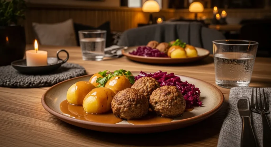 Authentic Danish frikadeller meatballs with potatoes and red cabbage