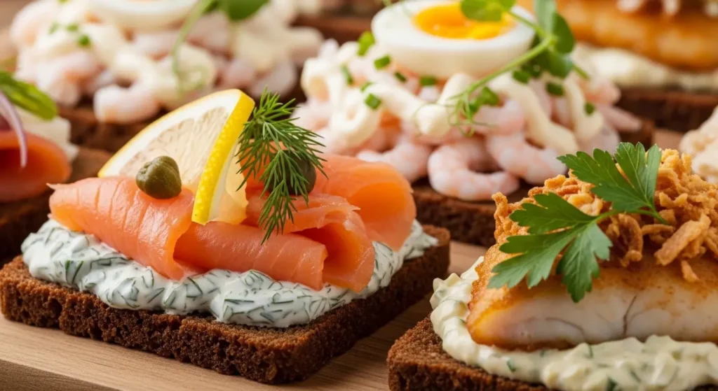 Traditional Danish smørrebrød open-faced sandwiches with fresh toppings on dark rye bread