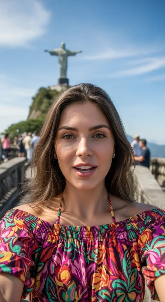 A travel influencer smiling against the backdrop of Christ the Redeemer during a Brazil vacation. Brazil travel, South America tourism, vacation planning, Rio de Janeiro, Iguazu Falls, Amazon rainforest, travel guide, adventure travel, solo travel,