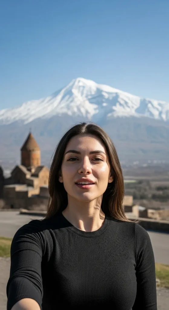EXPLORE - Armenia Vacation: 7 Incredible Days of Ancient Sites & Local Secrets An elegant influencer sharing her experience during an Armenia vacation with Mount Ararat in the background.Armenia travel guide, beginner's travel, Yerevan, Armenian monasteries, Tatev, Lake Sevan, South Caucasus tourism, cultural heritage, food travel, budget travel, itinerary planning, travel tips,