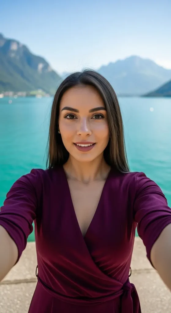 EXPLORE - Your First Switzerland Vacation: A Foolproof Plan for an Epic Trip A smiling influencer talking about her Switzerland vacation with Lake Lucerne and the Alps in the background.Switzerland vacation, Lake Lucerne, travel vlog, Swiss lakes, elegant travel, influencer lifestyle, scenic backdrop, European summer,