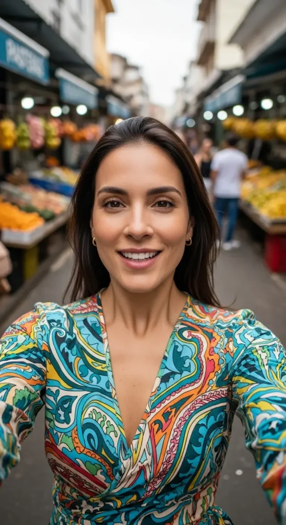 EXPLORE - A Beginner's Guide to Brazilian Food: Flavors, History, and Must-Try Dishes An elegant influencer smiles while talking about Brazilian food with a vibrant street market behind her.Brazilian cuisine, food travel, cultural exploration, cooking for beginners, world foods, feijoada, churrasco, moqueca, pão de queijo,
