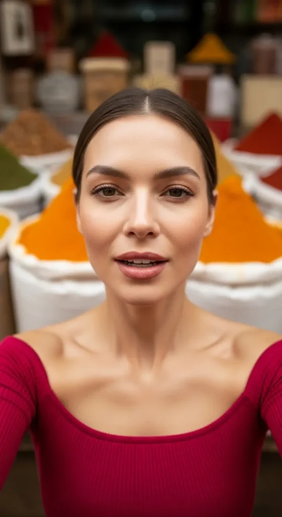 An elegant influencer in a spice market talking about Indian food Indian food, beginner's guide, cooking tips, food blog, recipe, Indian spices, what to order, Indian cuisine, food culture, travel food, vegan Indian food, healthy eating, food for beginners, culinary education,

