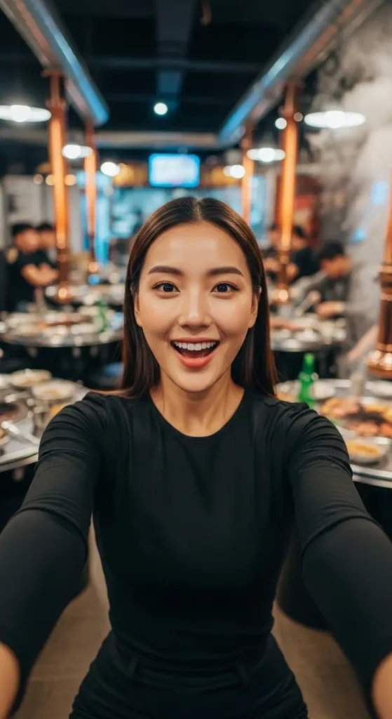 An elegant influencer enjoying South Korean food at a vibrant BBQ restaurant. Korean cuisine, food guide, beginner recipes, Seoul food culture, Asian food travel, kimchi, Korean BBQ, what to eat in Korea, banchan, food blog, culinary travel, .