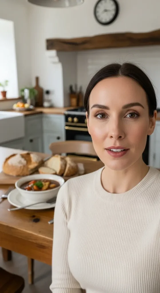 An influencer discusses homemade Irish food in a warm, rustic farmhouse kitchen setting. Irish cuisine, food travel, Ireland, beginner's guide, cultural food,

