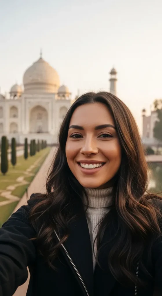 EXPLORE - India Vacation Made Easy: The Only Guide First-Time Travelers Need A travel influencer sharing her experience during an India vacation with the Taj Mahal at sunrise behind her.India travel guide, first time in India, India vacation, trip to India, Golden Triangle itinerary, India for beginners, travel tips India, what to pack for India, India culture, India tourism,
