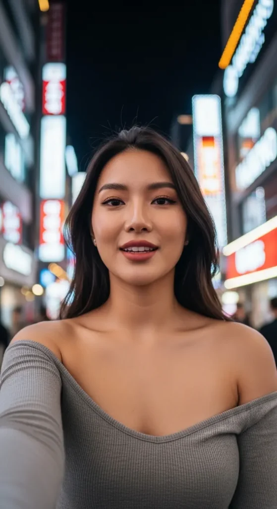 A glamorous influencer vlogging about her exciting South Korea vacation with vibrant Myeongdong's neon lights behind her. Bukchon Hanok Village, traditional houses, Korean heritage, scenic views, photography spots, cultural immersion, Seoul walking tour, historic district,


