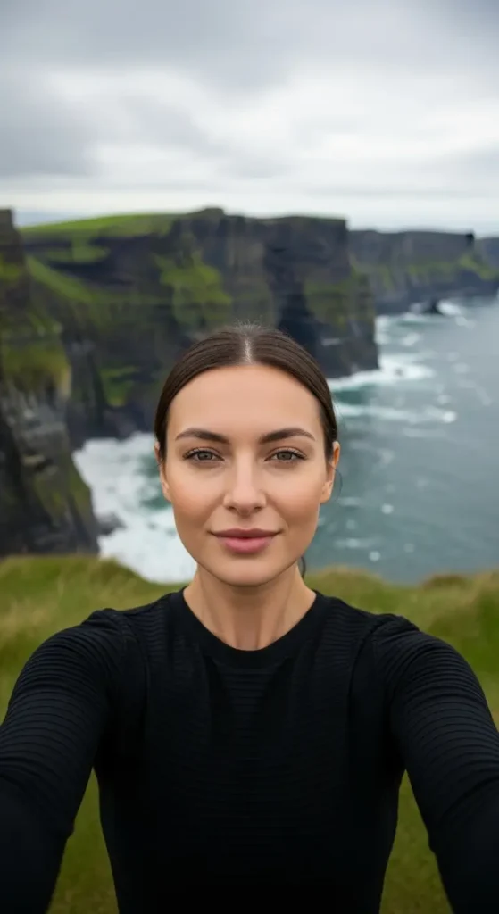 An elegant influencer shares her Ireland vacation experience with the Cliffs of Moher behind her. Irish tourism, travel guide for beginners, Ireland itinerary, vacation planning, Dublin travel, Ring of Kerry, Irish pubs, travel tips, driving in Ireland, best time to visit Ireland, Wild Atlantic Way, budget travel, cultural travel, European vacation,

