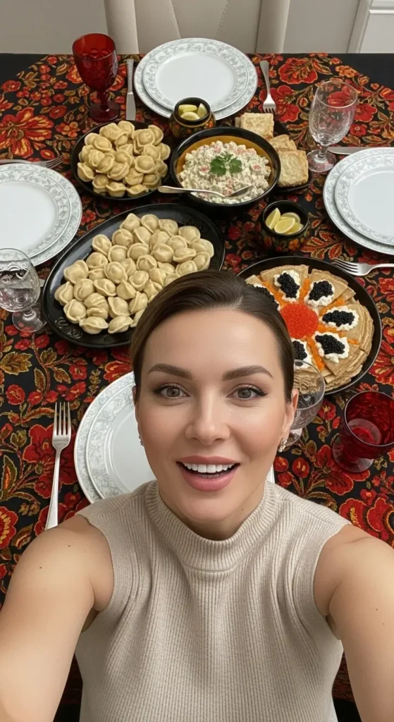 EXPLORE - Russian Food Unveiled: Your Tasty Journey from Borscht to Blini A glamorous influencer reveals a lavish festive table filled with traditional Russian food like pelmeni and blini. Russian cuisine, food influencer, cooking at home, European food, borscht, cozy aesthetic, kitchen vlog, food culture, recipe tutorial, authentic cooking,
