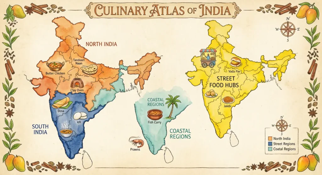 Map of India highlighting the different culinary regions: North, South, Coastal, and Street Food hubs