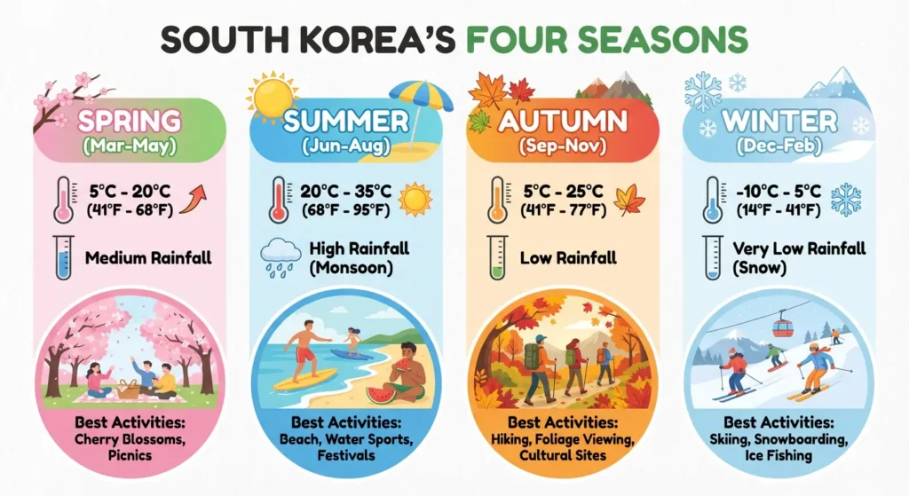 EXPLORE - Your First South Korea Vacation| A Beginner's Guide to Seoul, Food & Culture ๐ฐ๐ทโจ Infographic chart detailing the four seasons in South Korea including weather patterns and best times to visit for cherry blossoms and autumn foliage