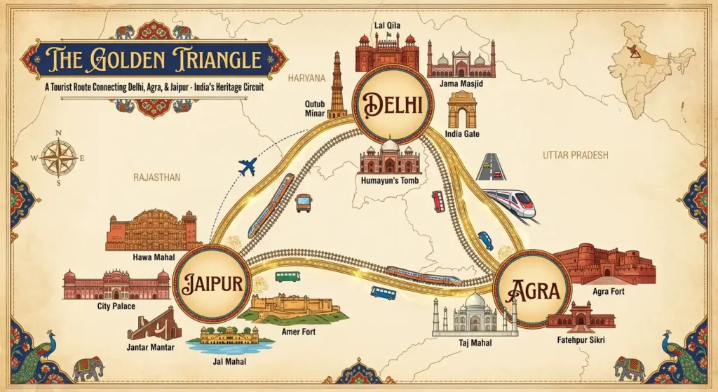 Infographic map of the Golden Triangle travel route in India connecting Delhi, Agra, and Jaipur for first-time travelers