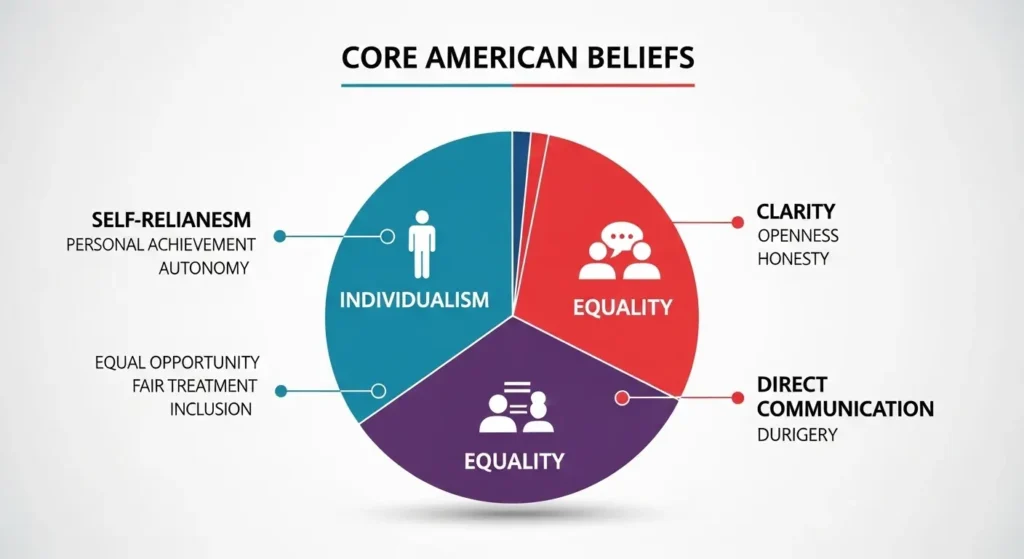 Infographic displaying core American cultural values and beliefs By Yaz Explore | YazExplore