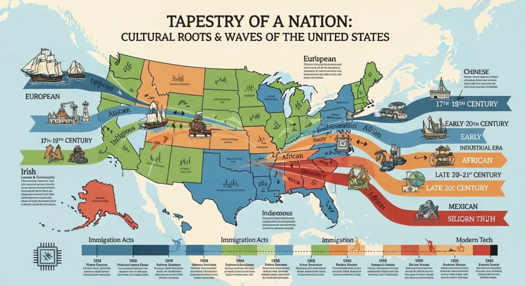 Map showing the diverse cultural origins and immigration history of the United States By Yaz Explore | YazExplore
