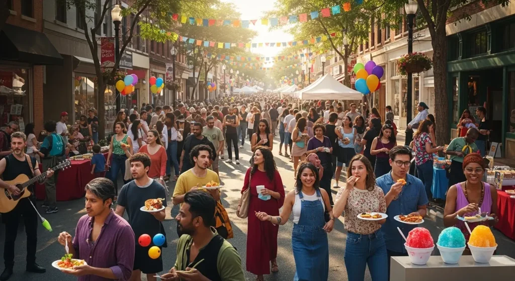 Diverse American community celebrating together at a city street festival By Yaz Explore | YazExplore
