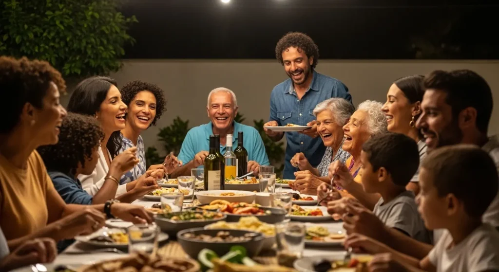 A lively Brazilian family enjoying a meal together, showcasing the importance of family in Brazilian culture By Yaz Explore | YazExplore
    E-X-P-L-O-R-E without limits at YazExplore
