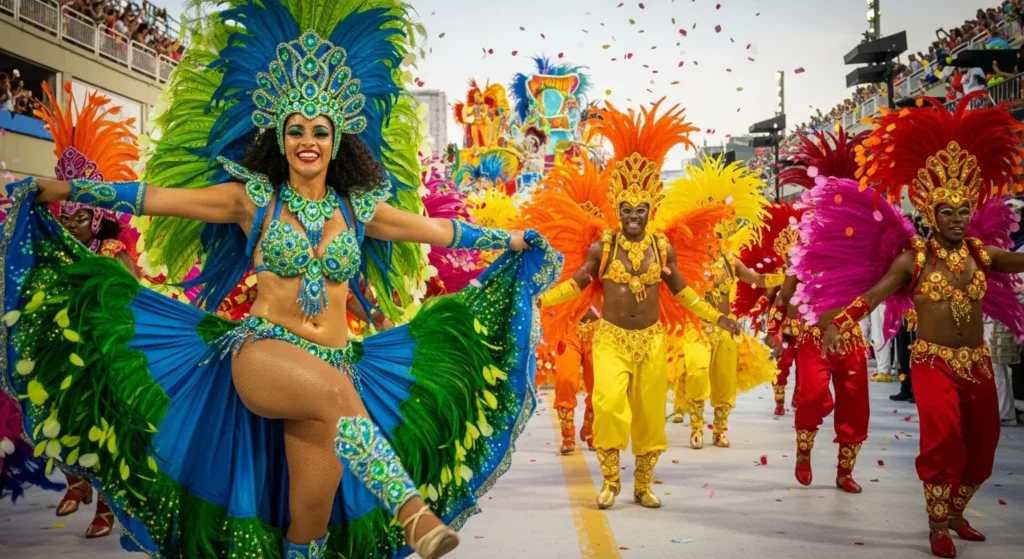 Energetic samba dancers in elaborate costumes at the Rio Carnival, a highlight of Brazilian culture By Yaz Explore | YazExplore
    E-X-P-L-O-R-E without limits at YazExplore
