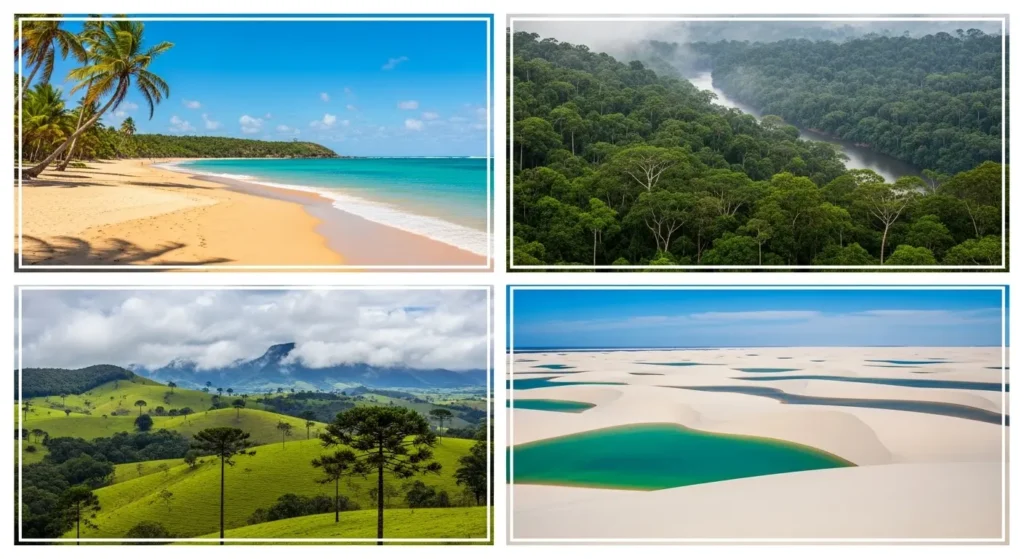 A collage showing the diverse landscapes of Brazil, from beaches and rainforests to hills and dunes By Yaz Explore | YazExplore
    E-X-P-L-O-R-E without limits at YazExplore
